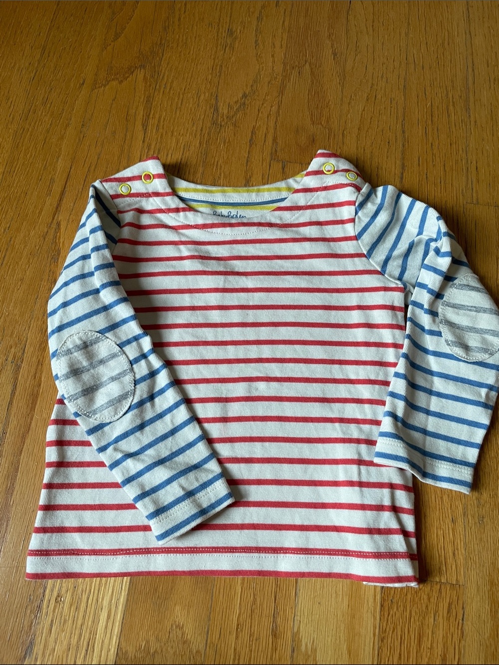 Mini Boden Red and Blue Striped Long-Sleeve Breton Tee with Elbow Patches